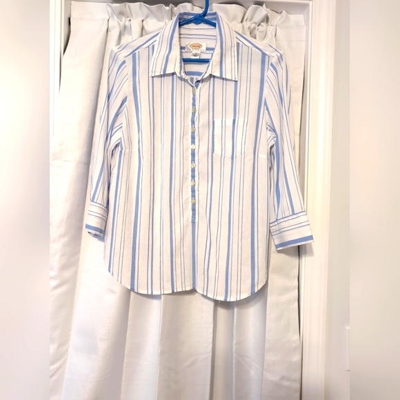 Talbots Petites Cotton Blue And White Striped Button Down‎ 3/4 Sleeves Shirt M - Picture 1 of 8